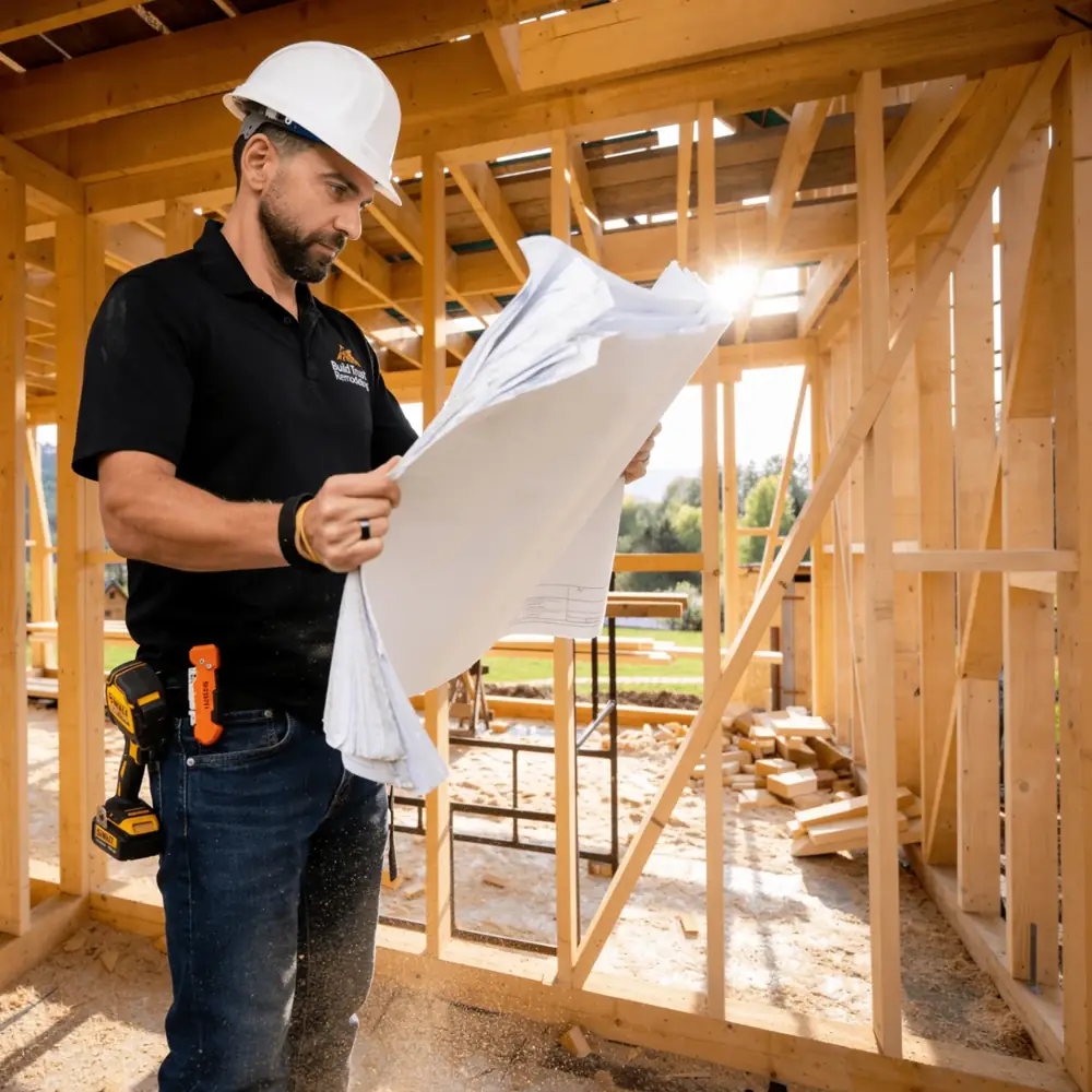 Sean Baraness, founder and owner of Build Trust Remodeling, reviewing blueprints on-site during a custom home framing project